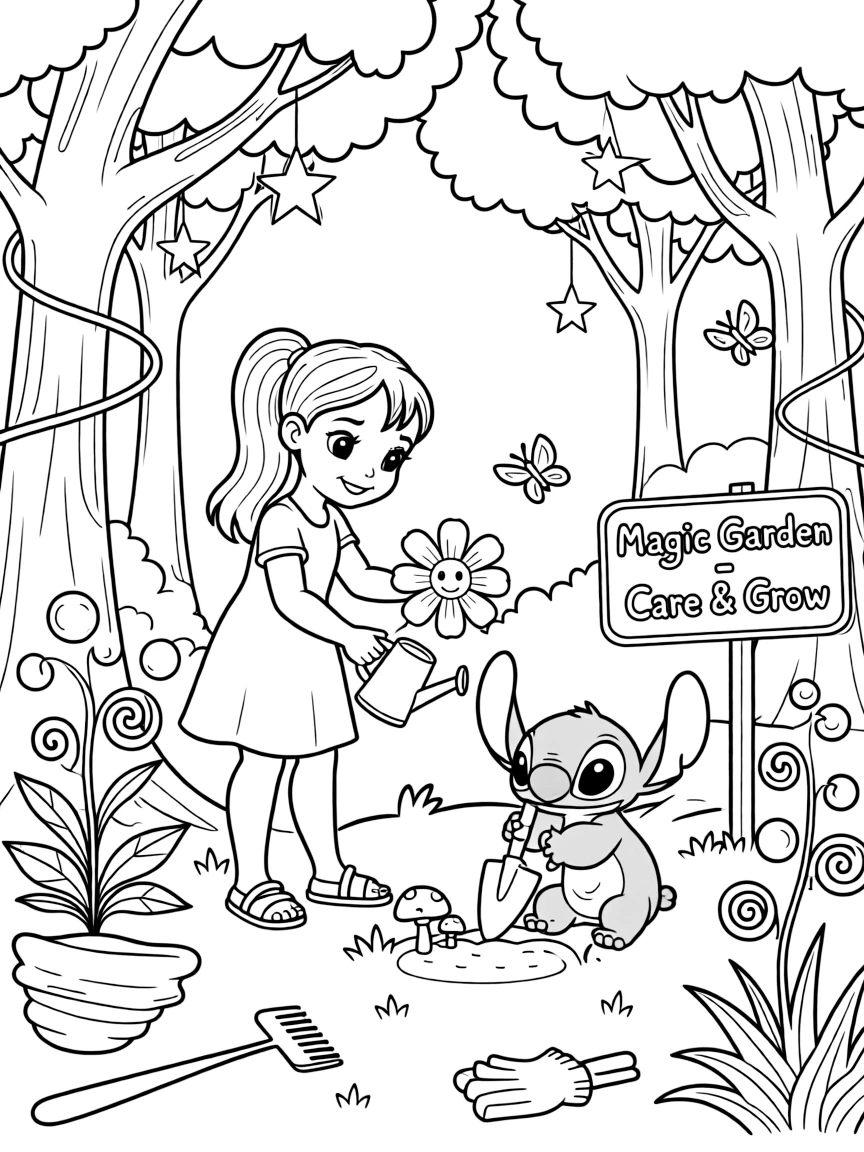 Lilo and Stitch gardening, in a magical forest setting.