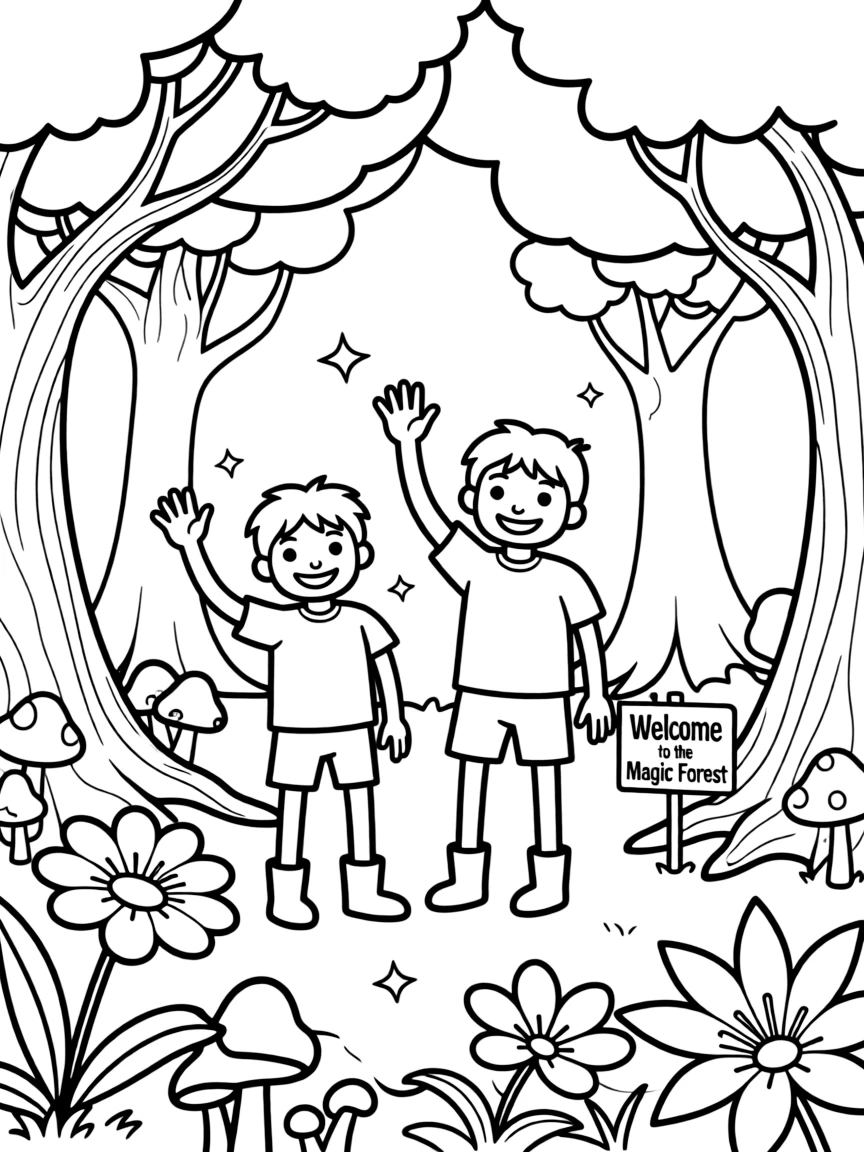 Adventure Time waving hello, in a magical forest setting.