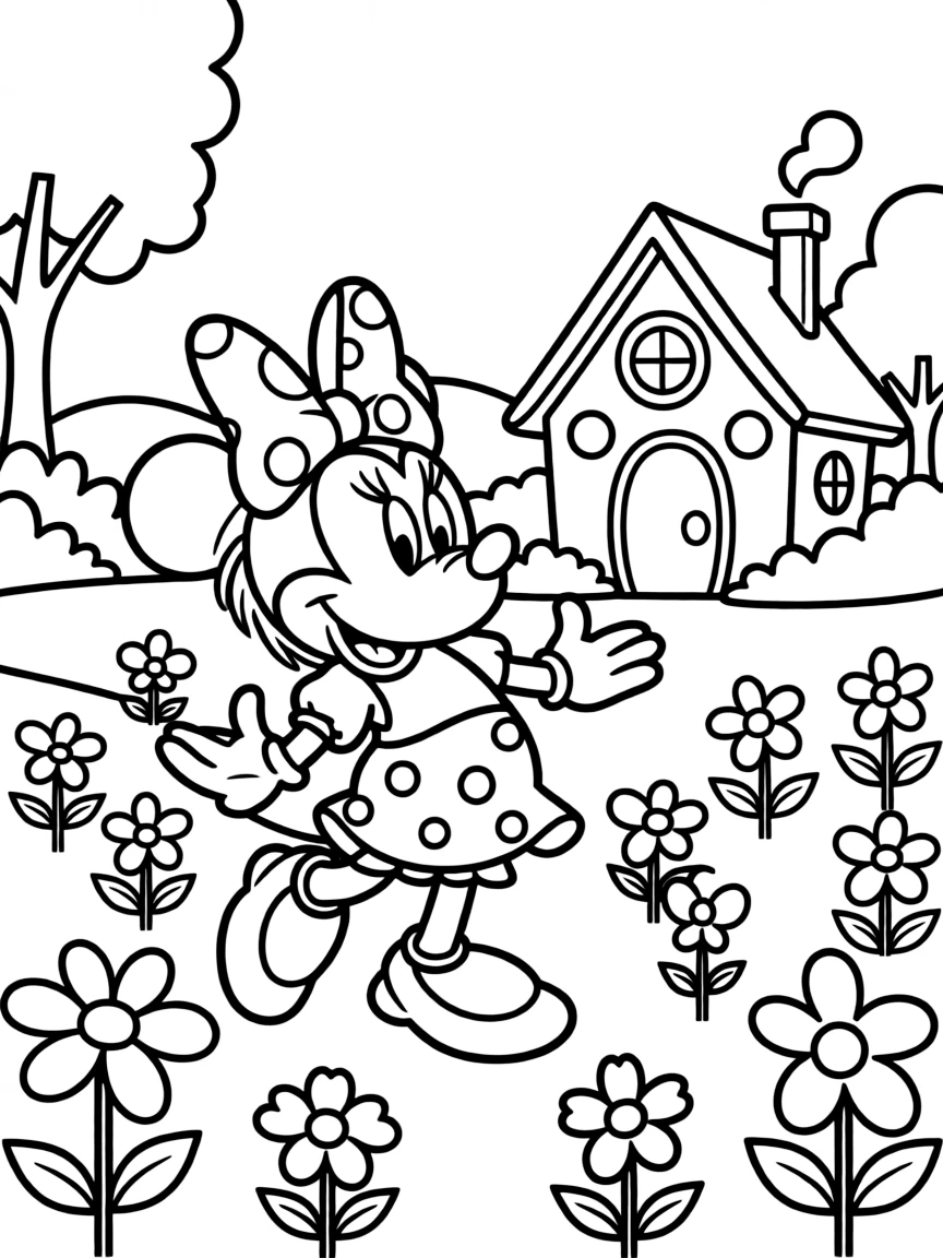 Minnie Mouse dancing in a field of flowers, in front of their famous house or scene.