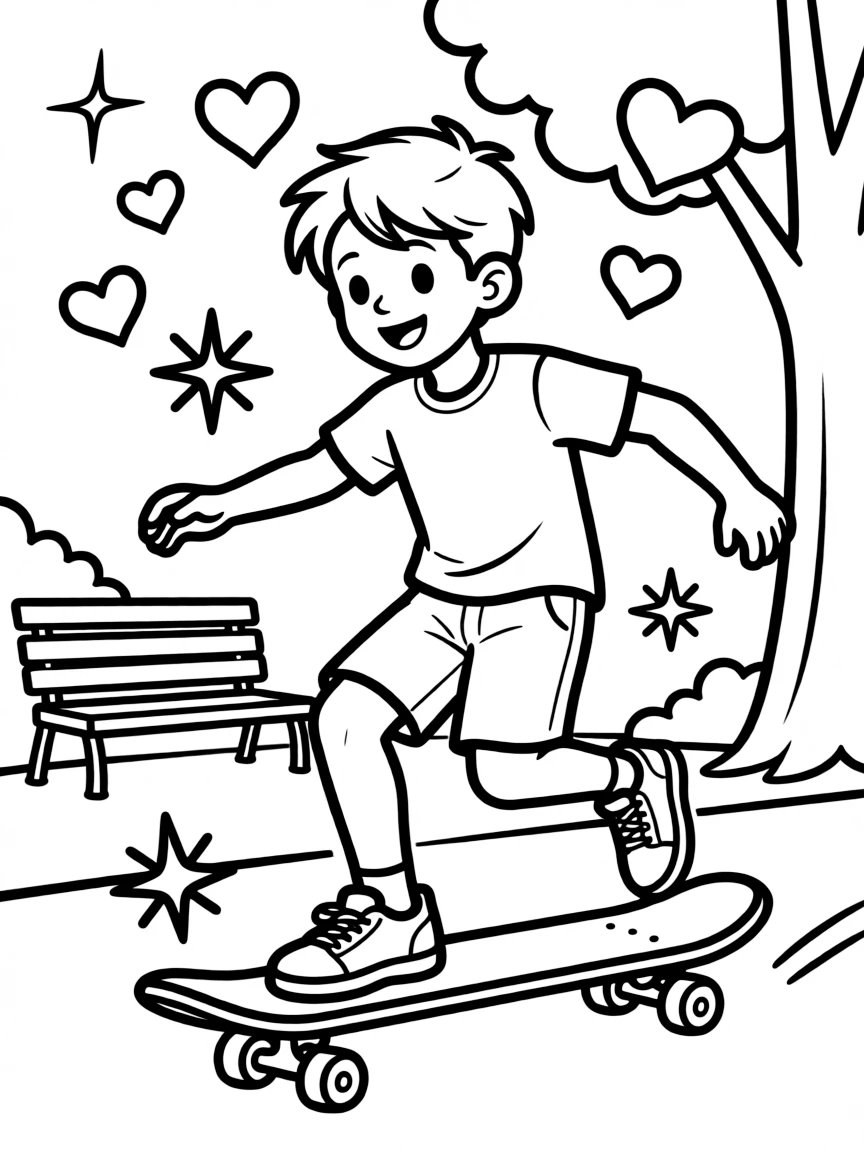 Diego skateboarding in the park, with hearts and sparkles around.
