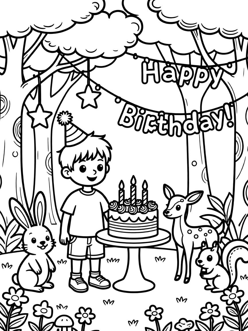 Adventure Time celebrating a birthday, in a magical forest setting.