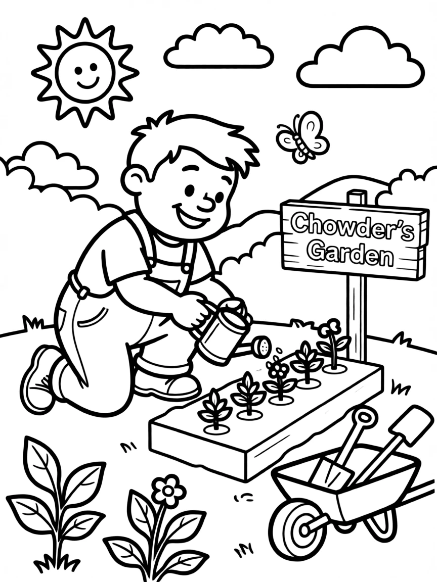 Chowder gardening, with fun background elements.