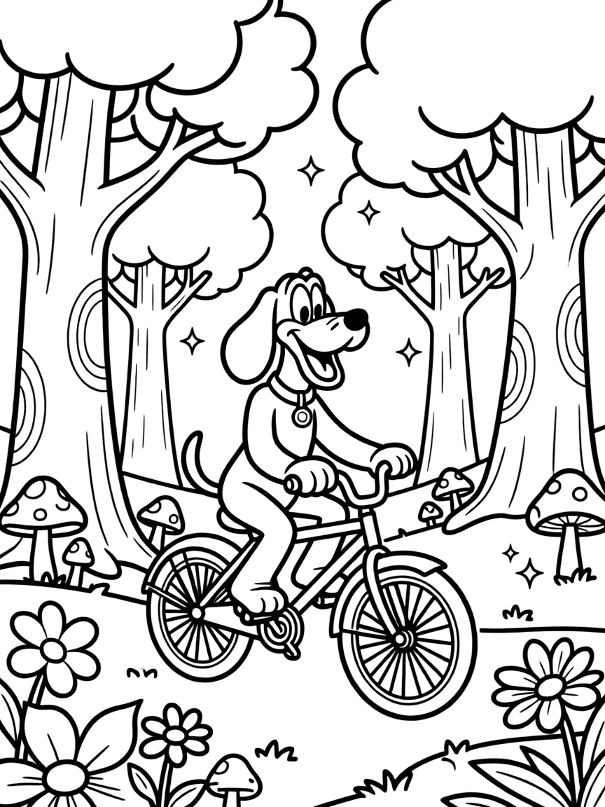 Pluto riding a bicycle, in a magical forest setting.