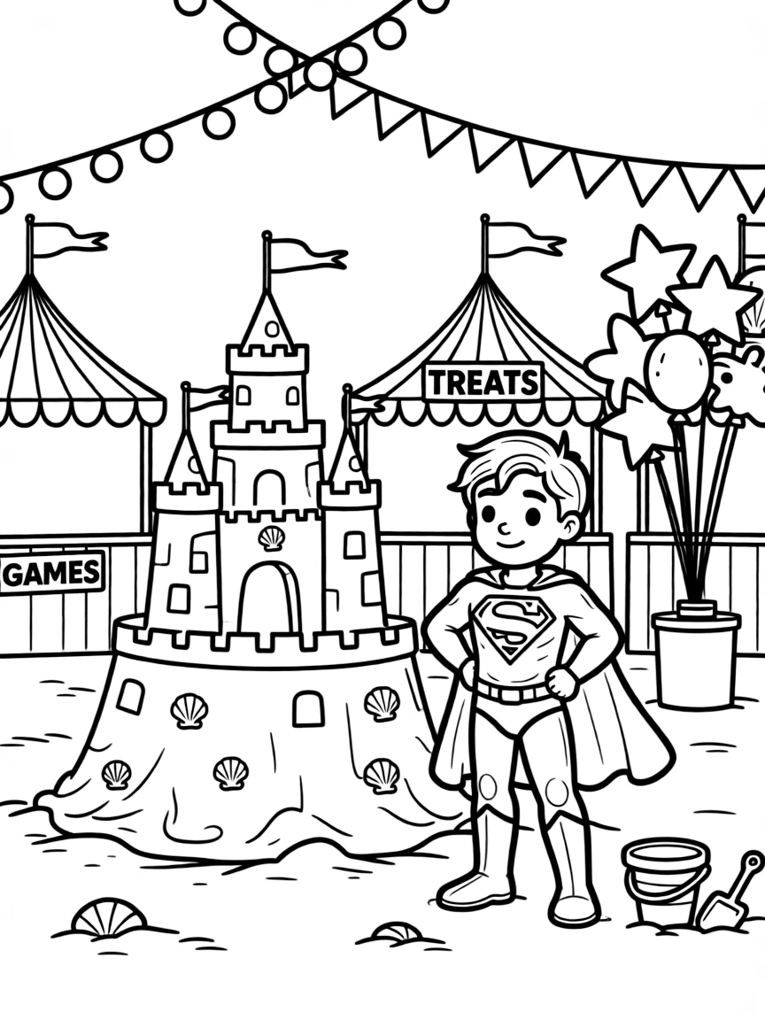 Superman building a sandcastle, at a carnival with colorful decorations.