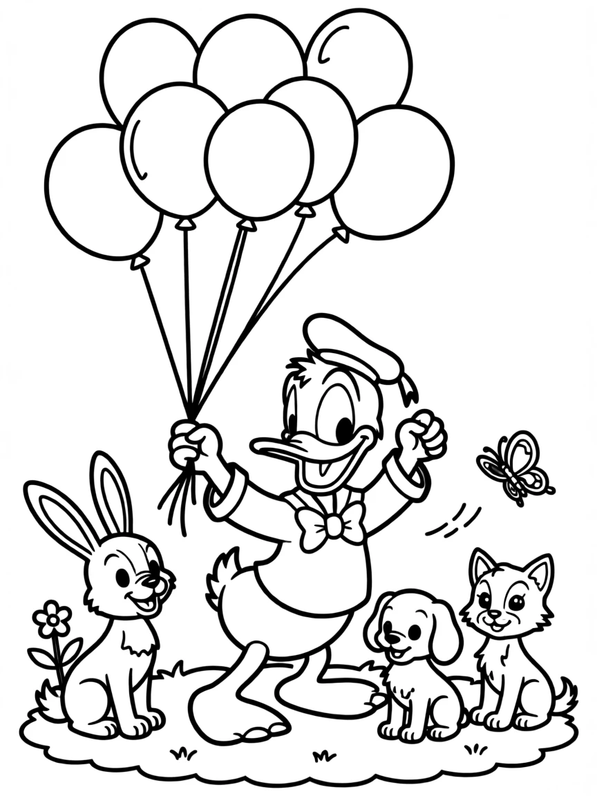 Donald Duck playing with balloons, surrounded by friendly animals.