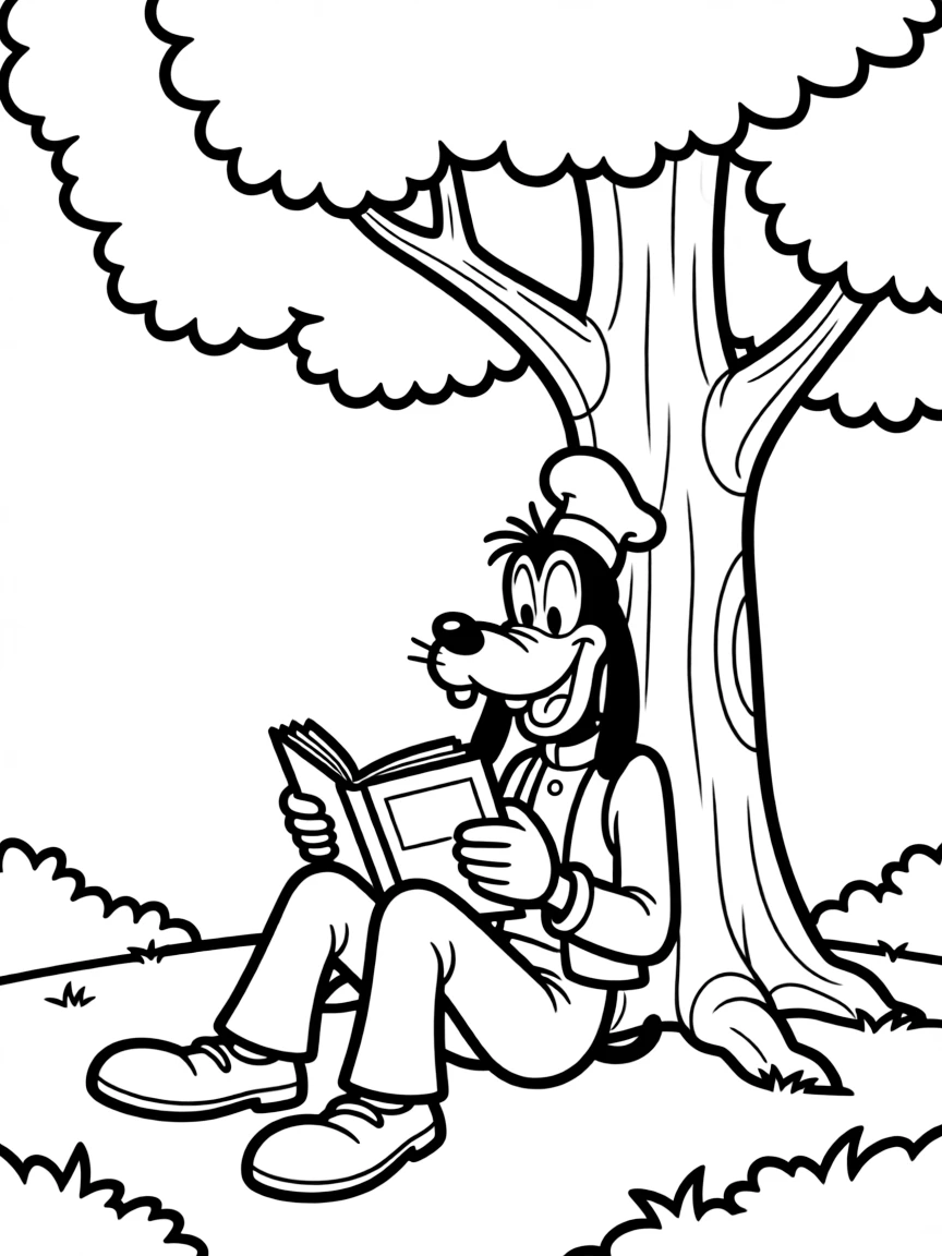 Goofy reading a book under a tree, with big bold outlines for easy coloring.