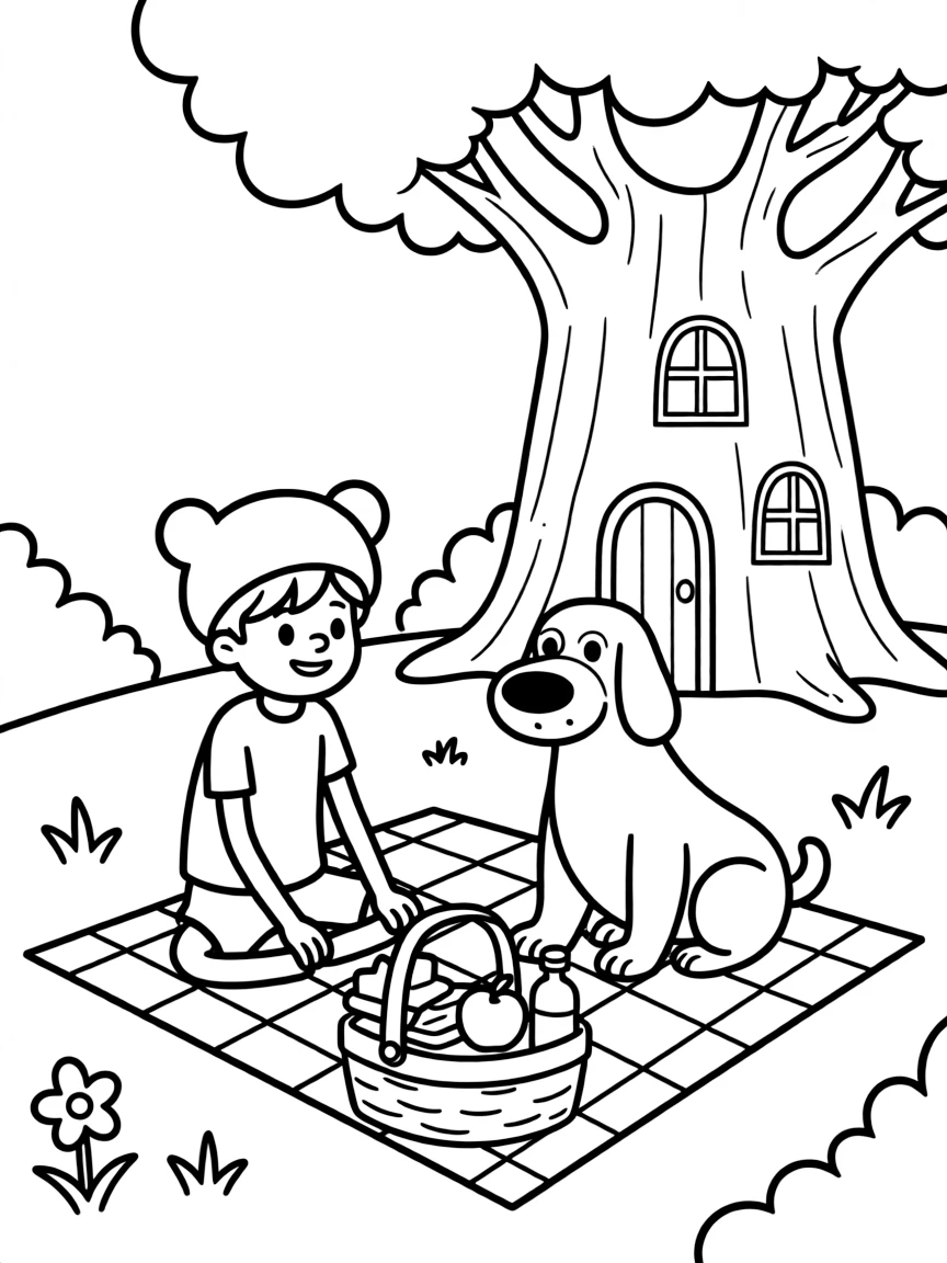 Finn and Jake having a picnic, in front of their famous house or scene.