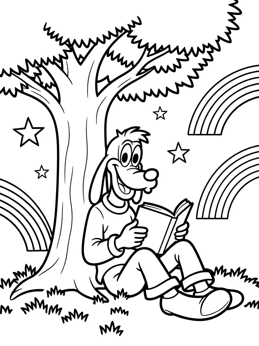 Goofy reading a book under a tree, with stars and rainbows in the background.