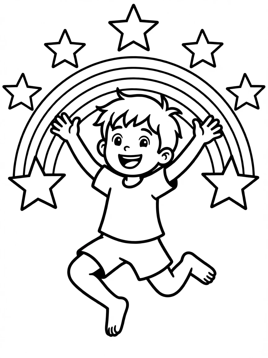 Sanji jumping with joy, with stars and rainbows in the background.