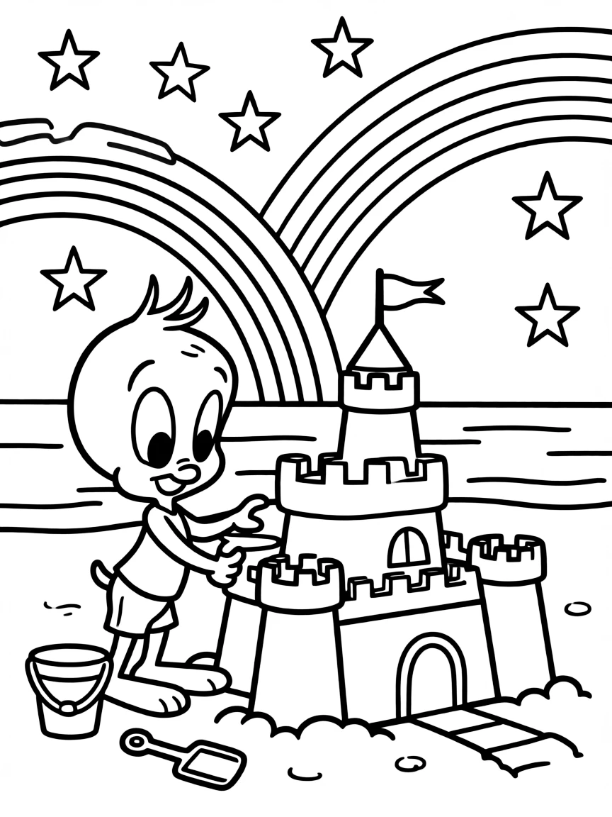 Tweety Bird building a sandcastle, with stars and rainbows in the background.