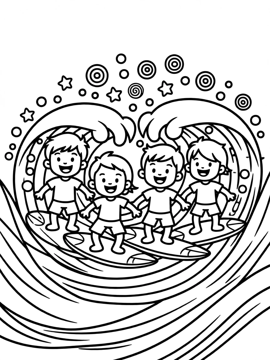 Simpsons surfing on waves, with playful patterns around.
