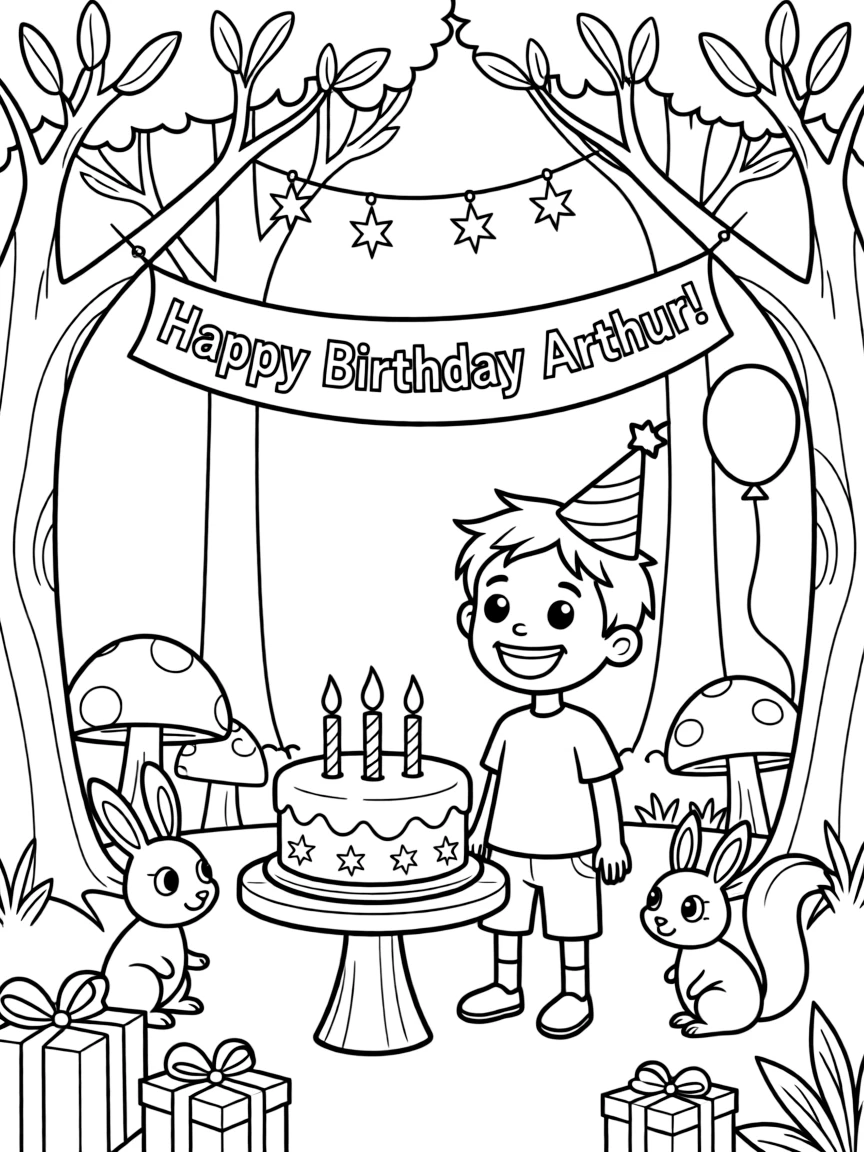 Arthur celebrating a birthday, in a magical forest setting.