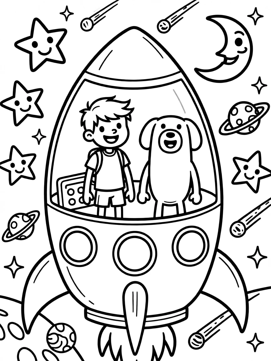 Finn and Jake exploring space in a rocket, with fun background elements.