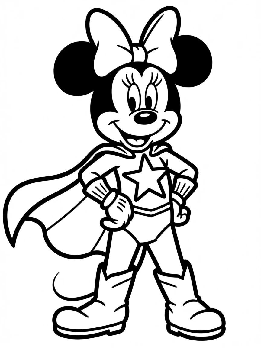 Minnie Mouse wearing a superhero costume, with big bold outlines for easy coloring.