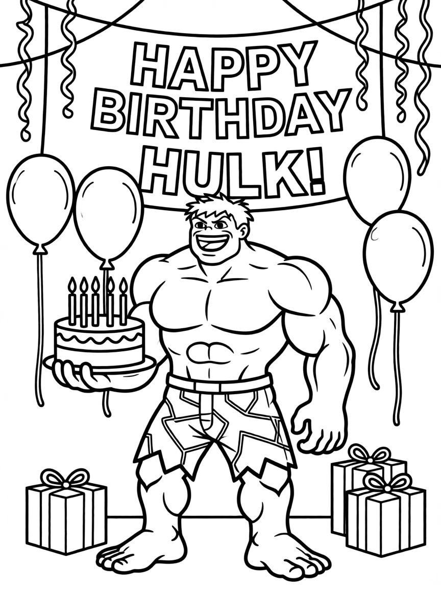 Hulk celebrating a birthday, with big bold outlines for easy coloring.