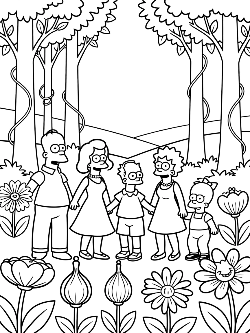 Simpsons dancing in a field of flowers, in a magical forest setting.