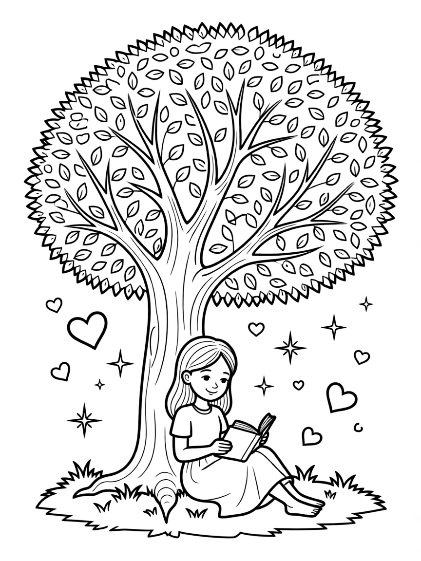 Daphne reading a book under a tree, with hearts and sparkles around.