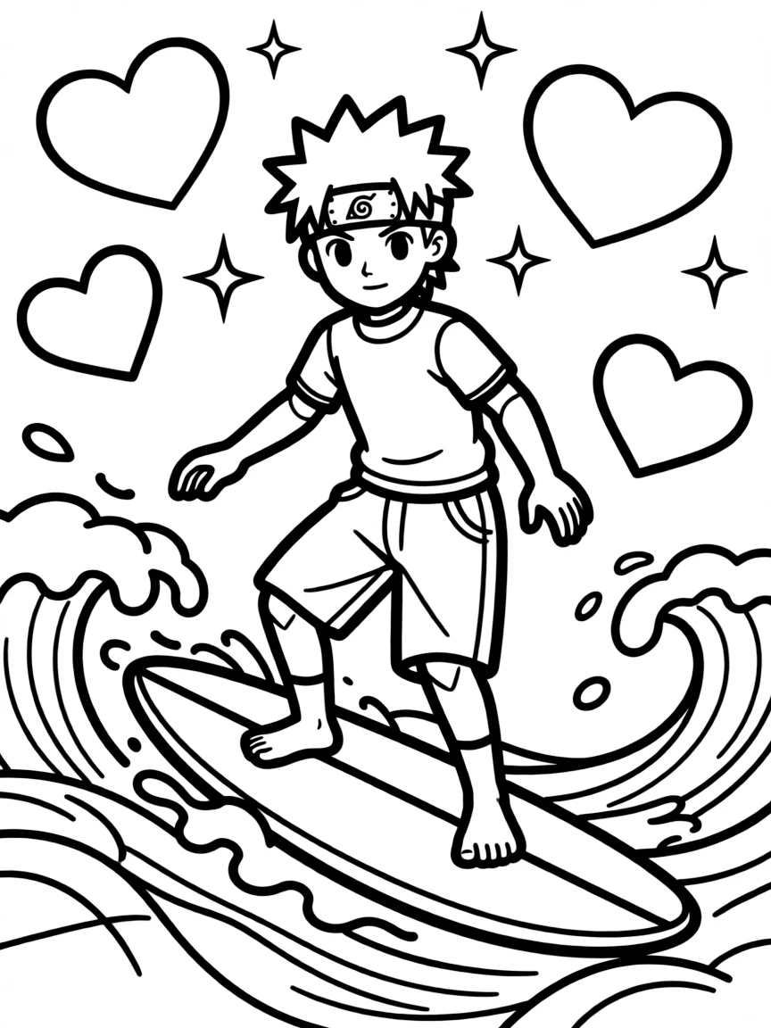 Naruto surfing on waves, with hearts and sparkles around.