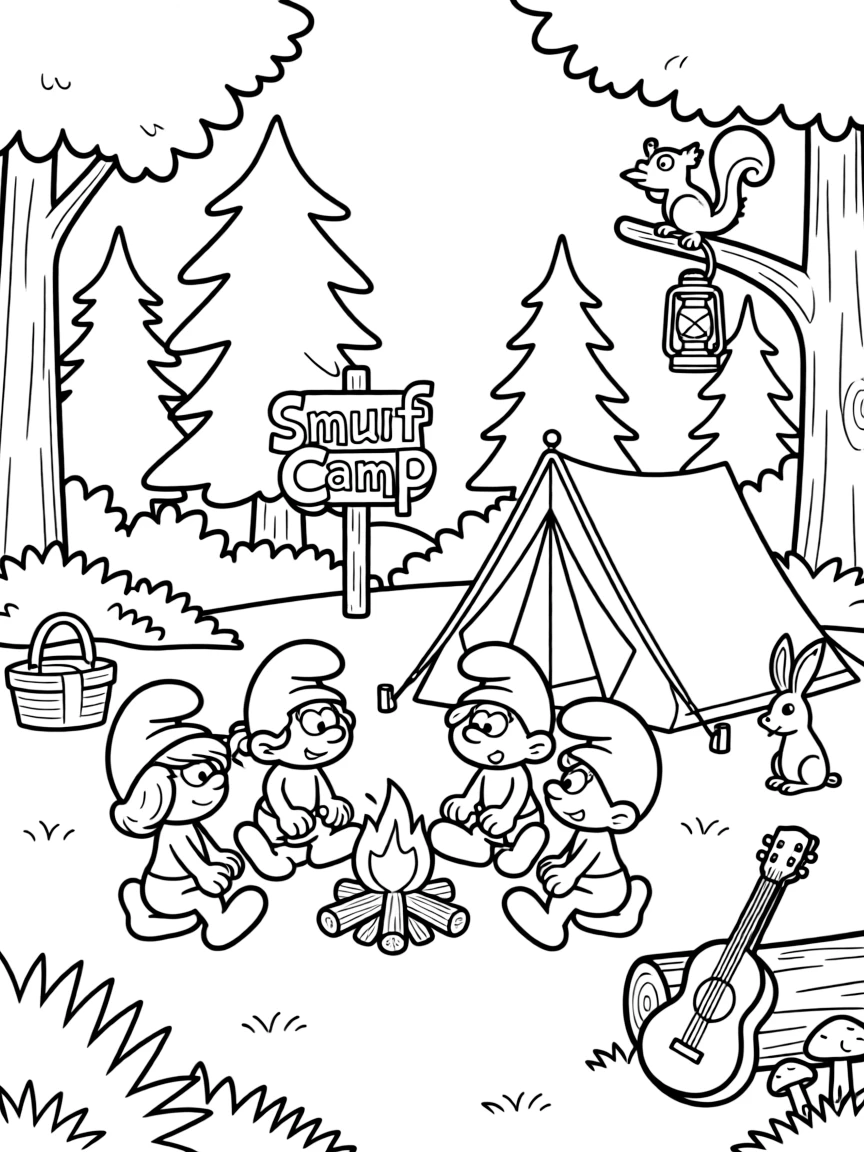 The Smurfs camping with friends, with fun background elements.