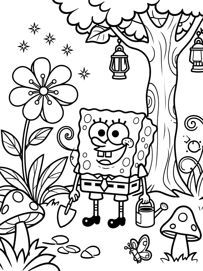 SpongeBob SquarePants gardening, in a magical forest setting.