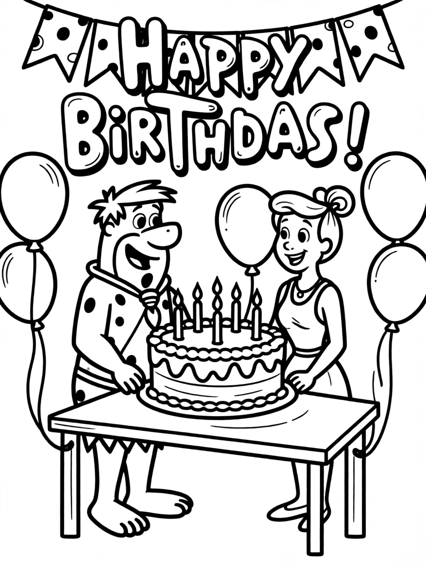 The Flintstones celebrating a birthday, with big bold outlines for easy coloring.
