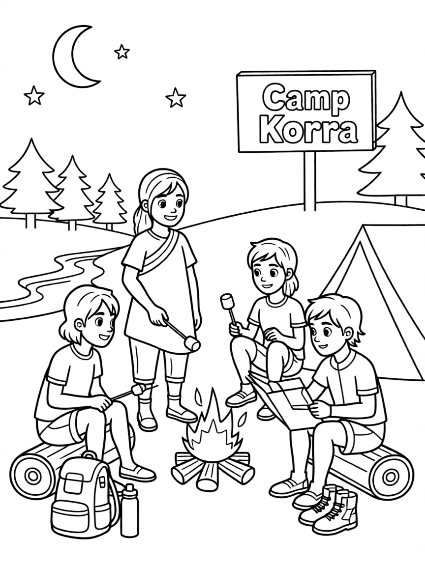 Legend of Korra camping with friends, with fun background elements.