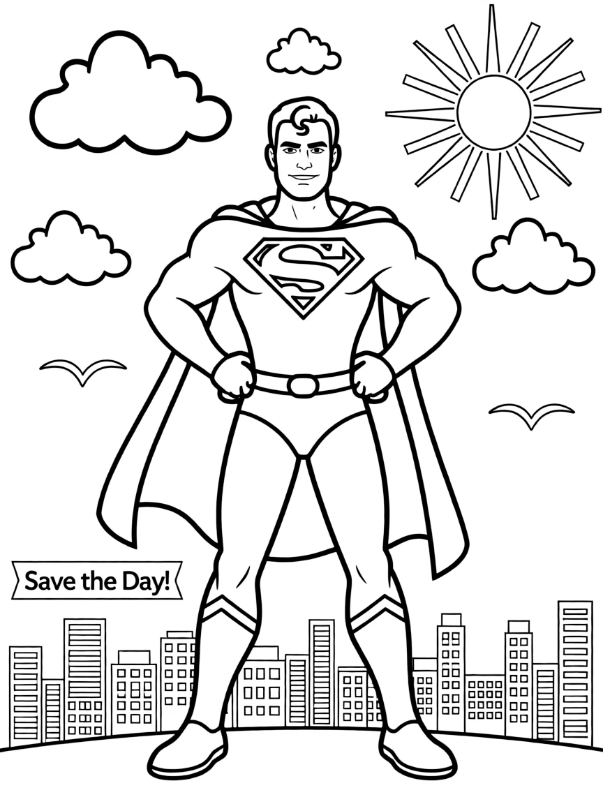 Superman posing heroically, with fun background elements.