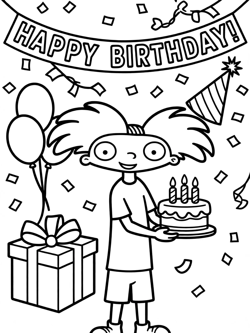 Hey Arnold! celebrating a birthday, with fun background elements.