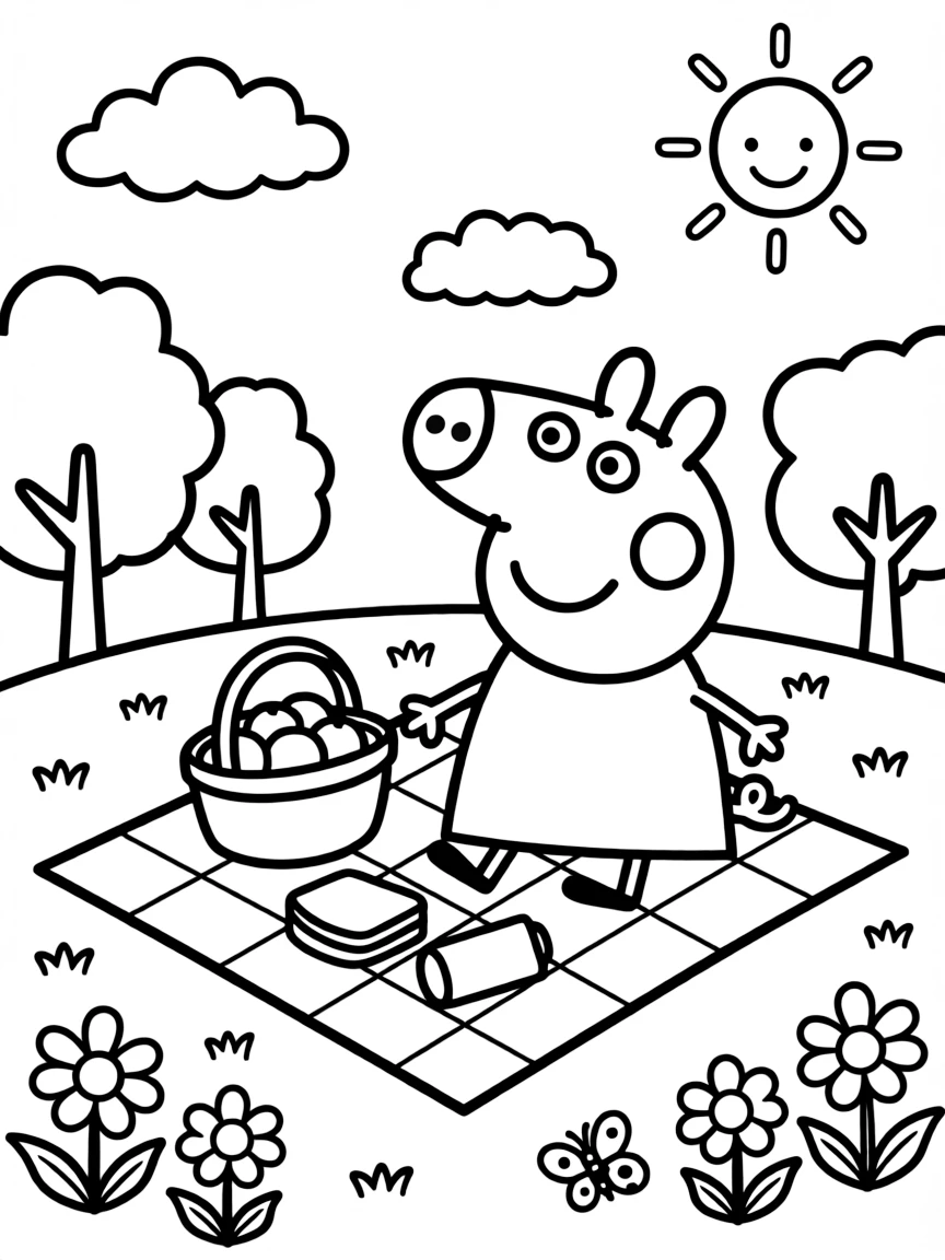 Peppa Pig having a picnic, with fun background elements.