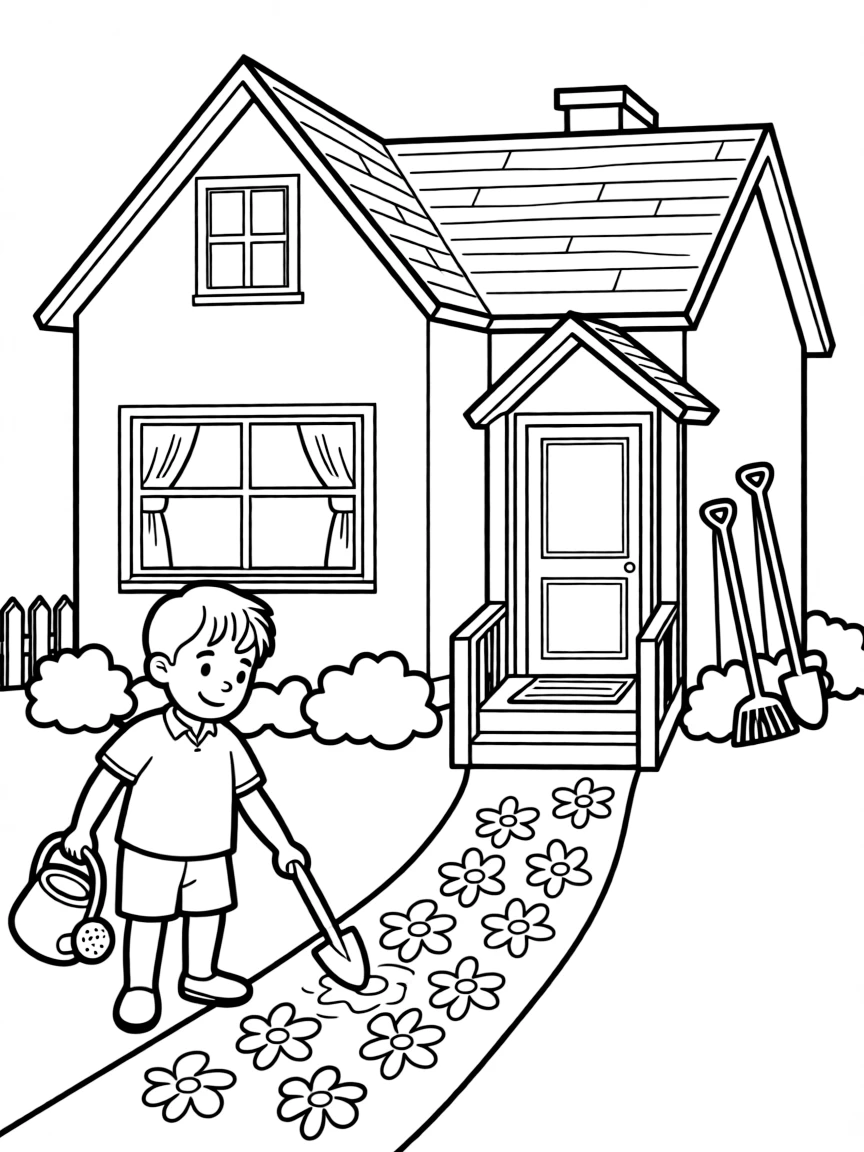 Fred gardening, in front of their famous house or scene.