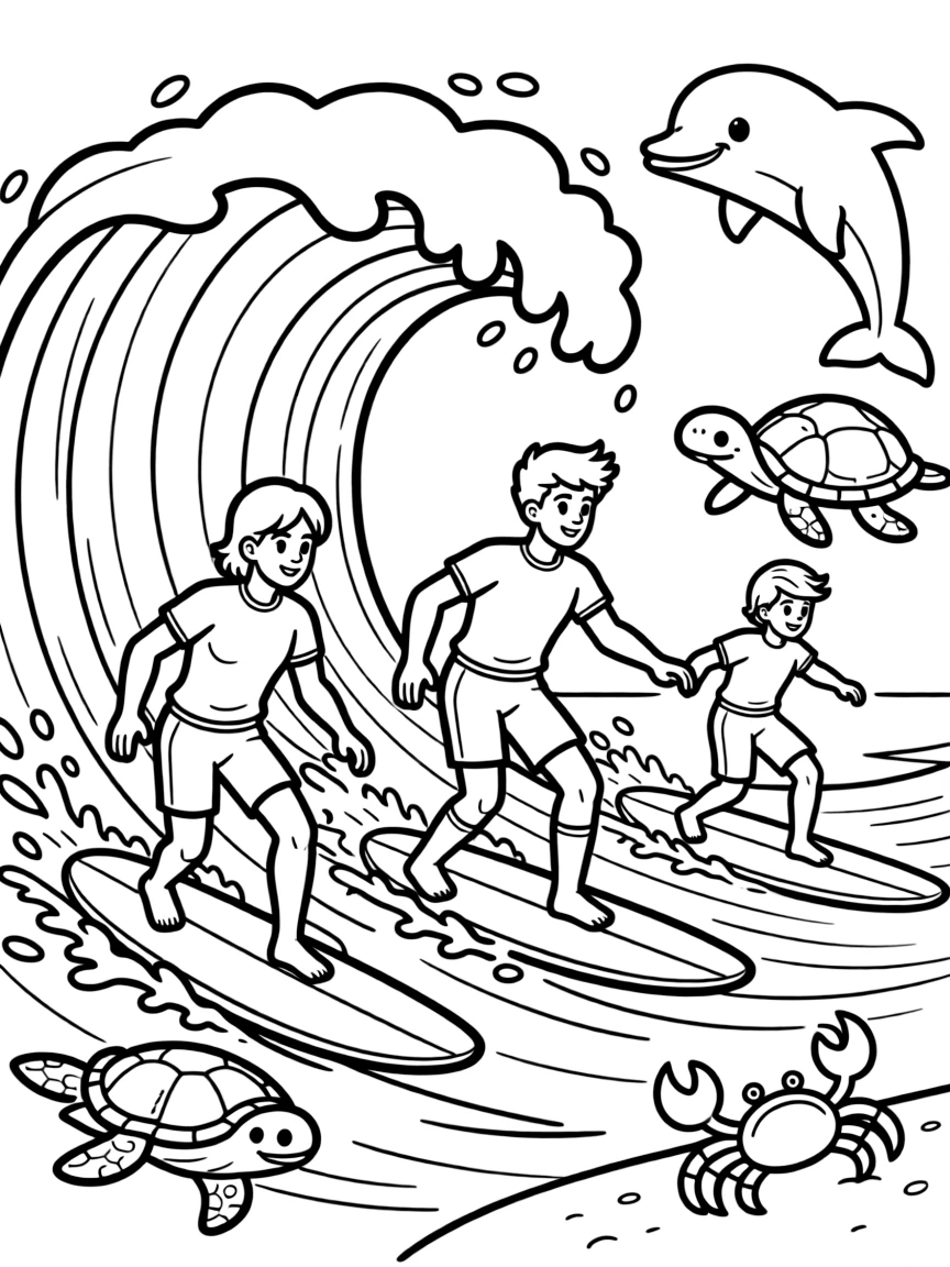Avengers surfing on waves, surrounded by friendly animals.