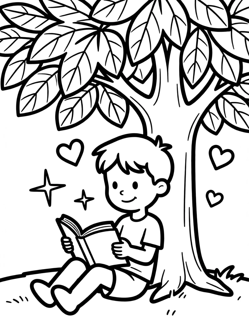 Chowder reading a book under a tree, with hearts and sparkles around.