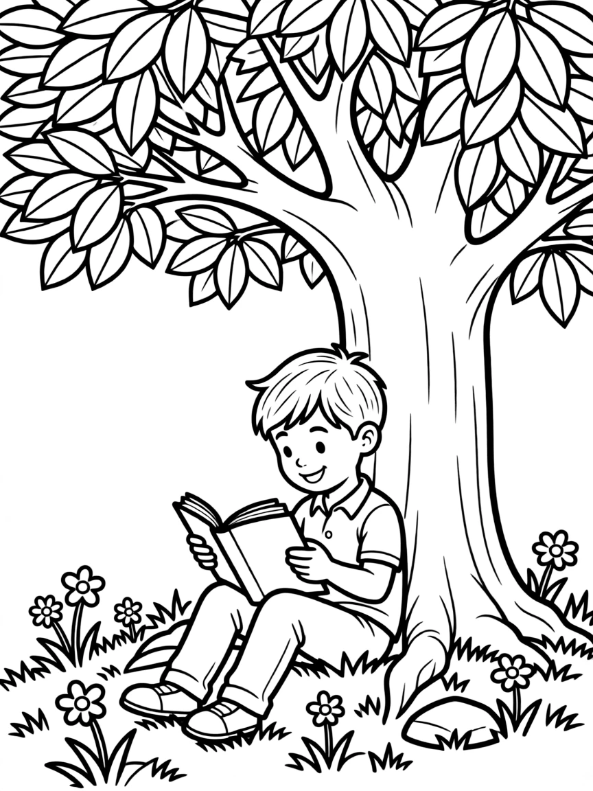 Fred reading a book under a tree, with big bold outlines for easy coloring.