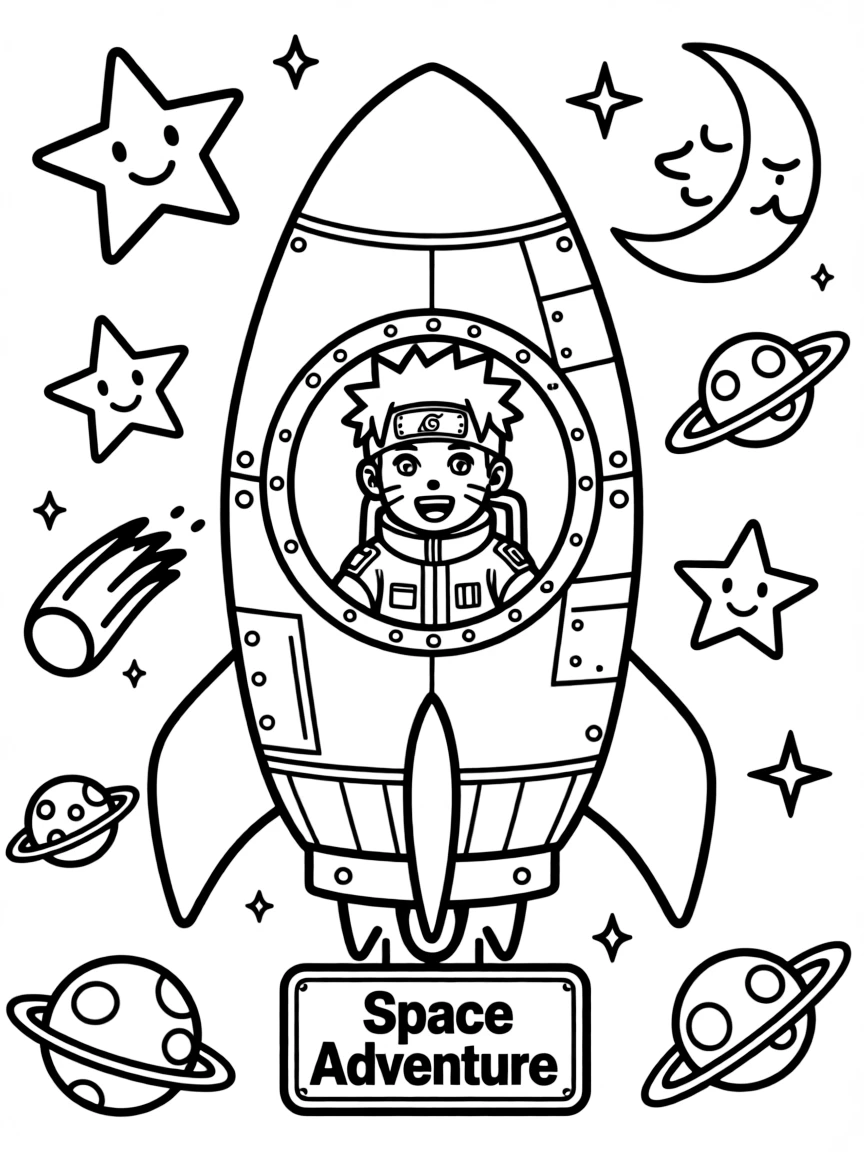 Naruto exploring space in a rocket, with fun background elements.