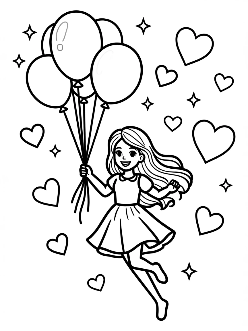 Barbie flying with balloons, with hearts and sparkles around.