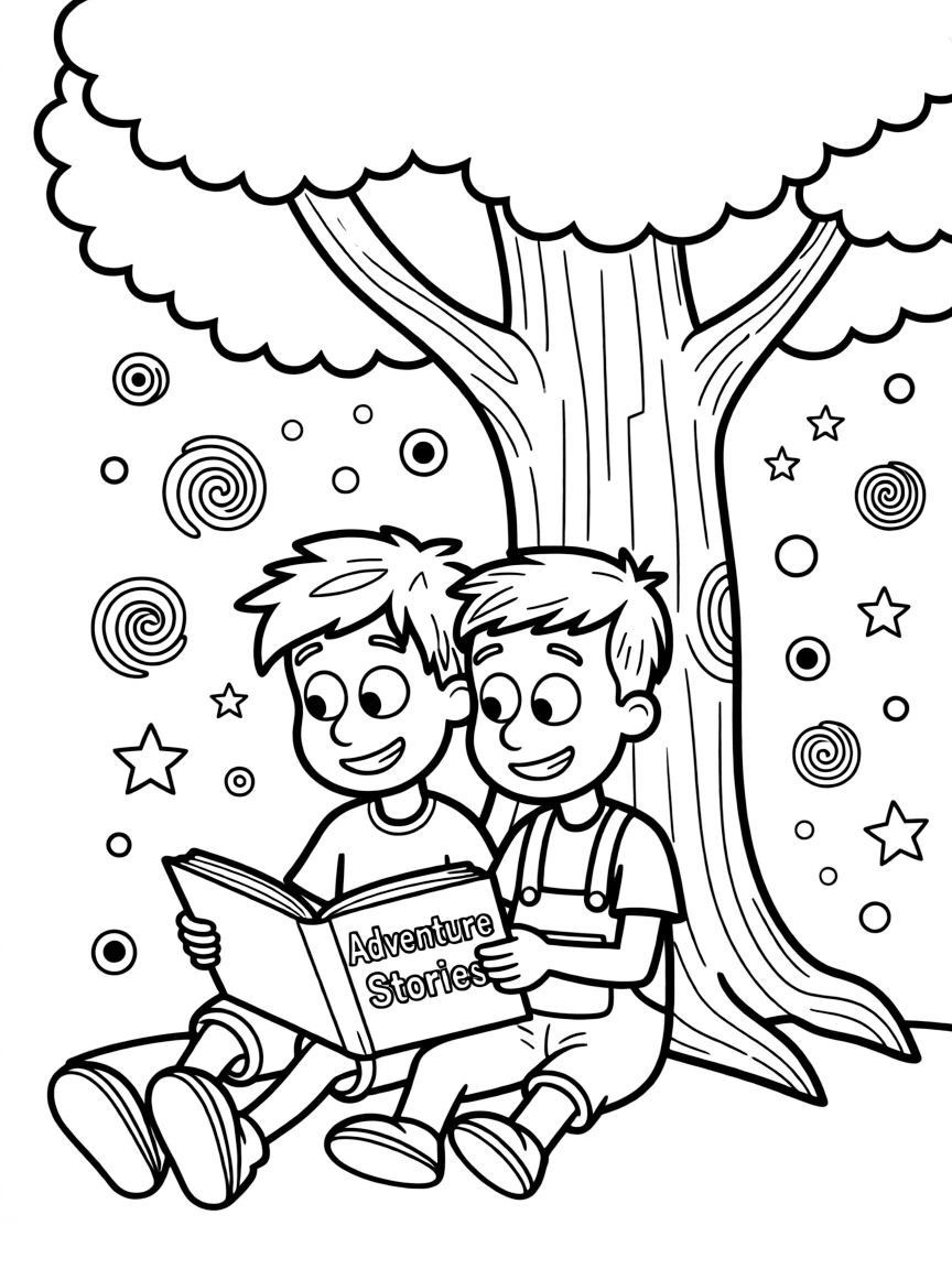 Phineas and Ferb reading a book under a tree, with playful patterns around.