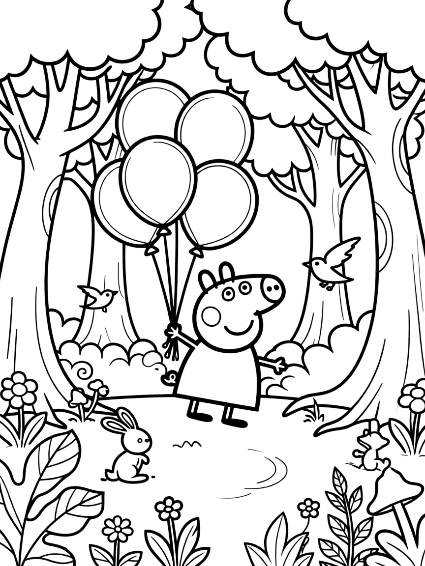Peppa Pig flying with balloons, in a magical forest setting.