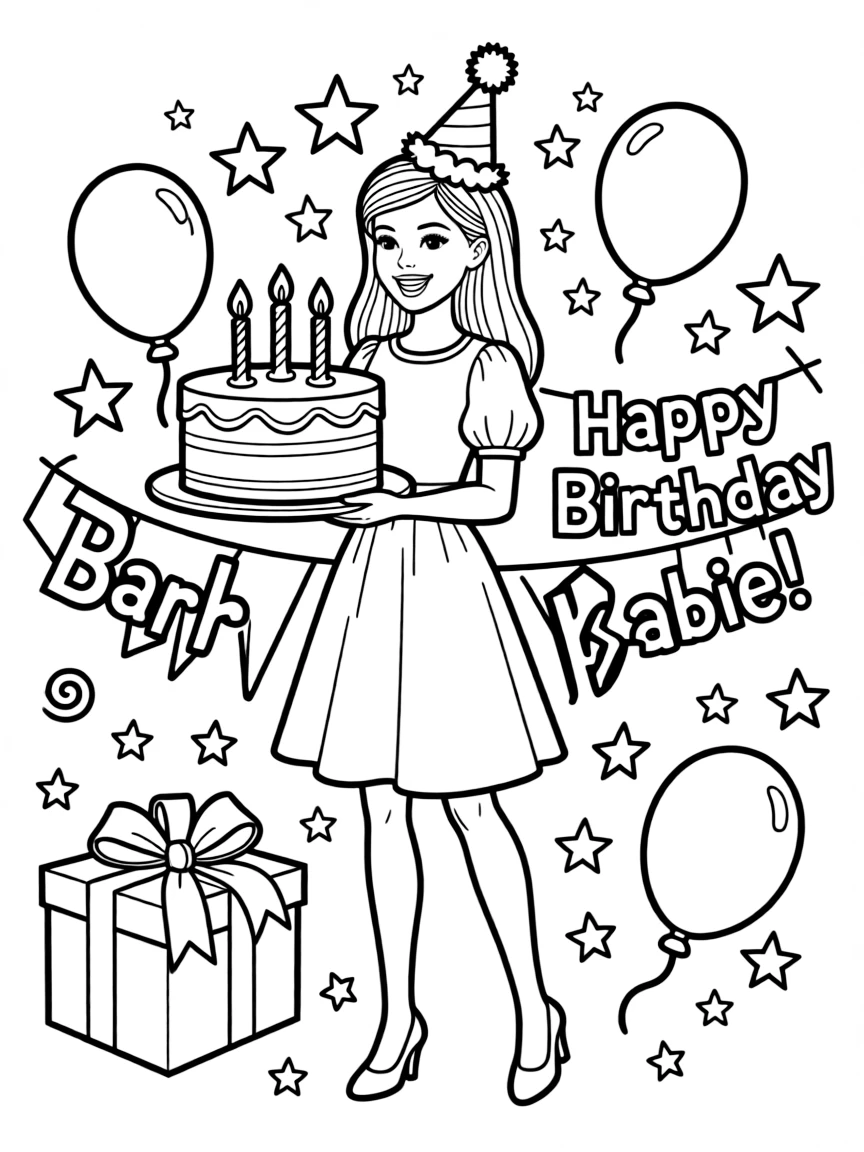 Barbie celebrating a birthday, with playful patterns around.