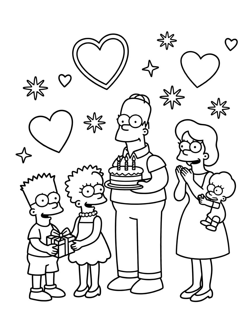 Simpsons celebrating a birthday, with hearts and sparkles around.