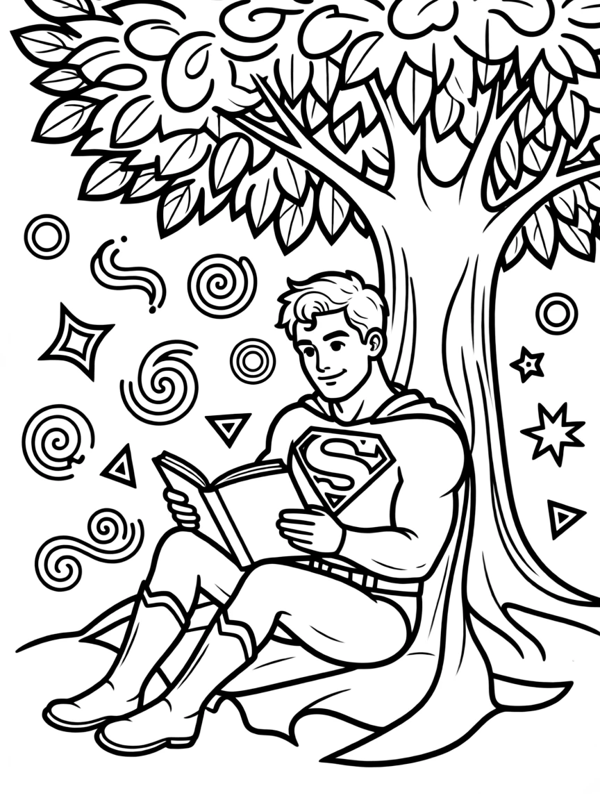 Superman reading a book under a tree, with playful patterns around.