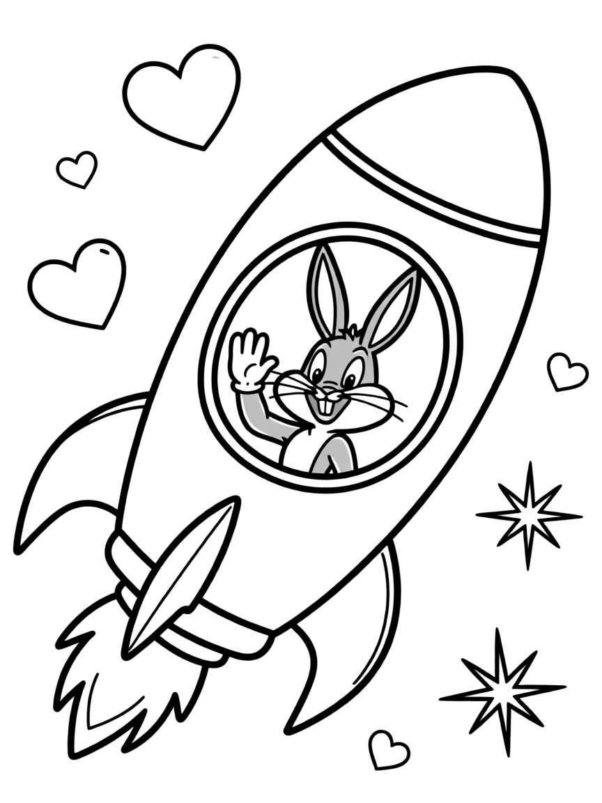 Bugs Bunny exploring space in a rocket, with hearts and sparkles around.