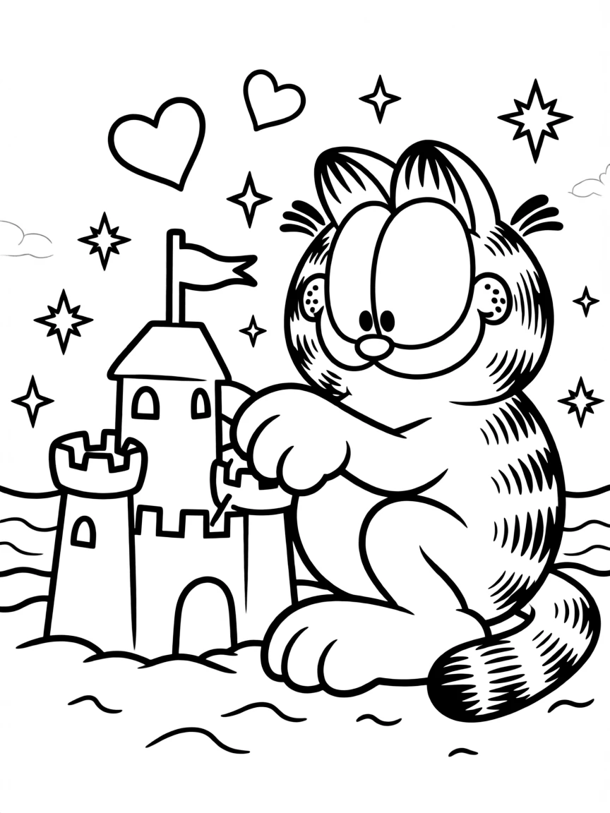Garfield building a sandcastle, with hearts and sparkles around.