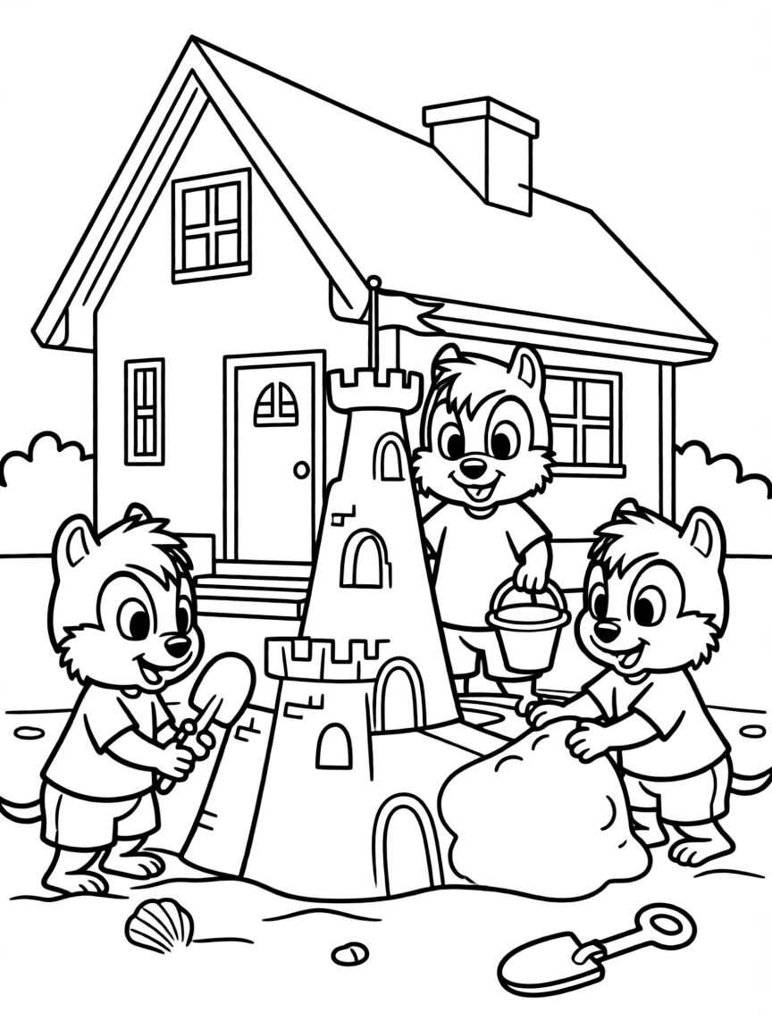 Alvin and the Chipmunks building a sandcastle, in front of their famous house or scene.