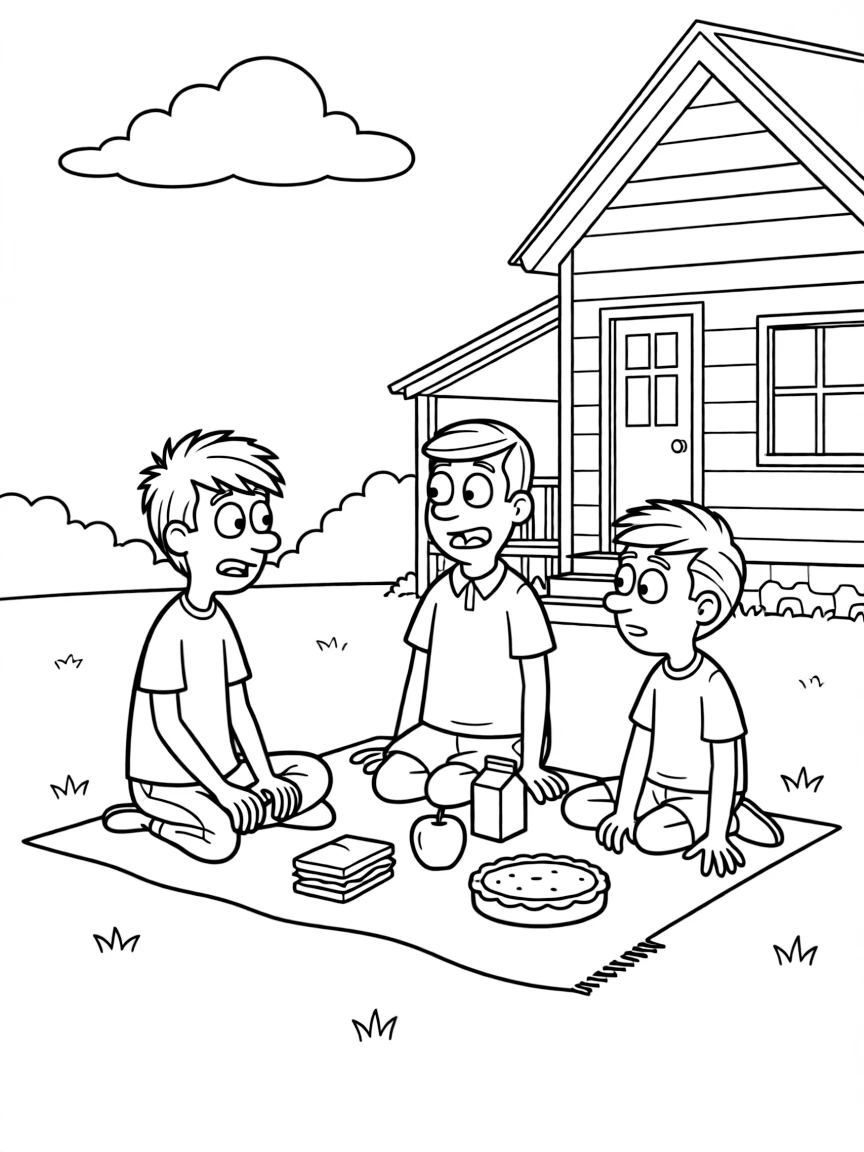Ed, Edd n Eddy having a picnic, in front of their famous house or scene.