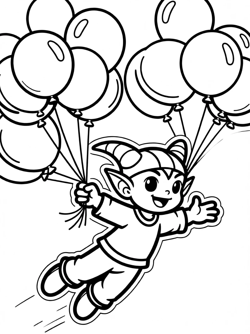 Piccolo flying with balloons, with big bold outlines for easy coloring.