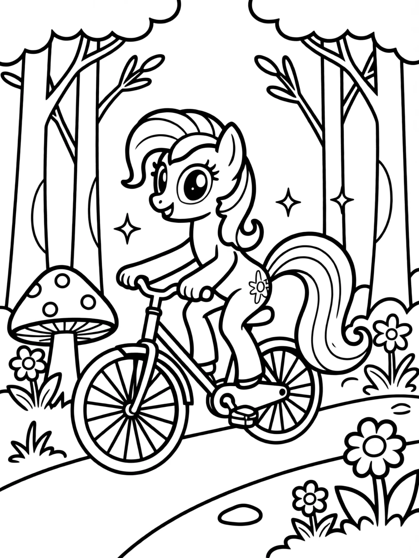 My Little Pony riding a bicycle, in a magical forest setting.