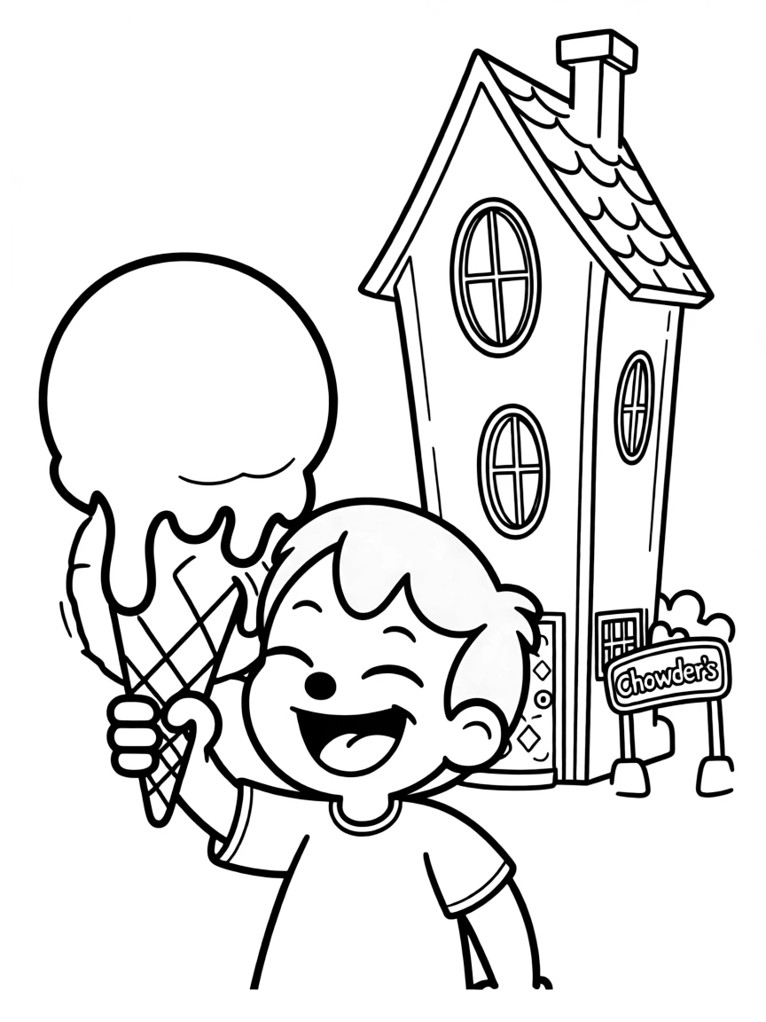 Chowder enjoying an ice cream cone, in front of their famous house or scene.