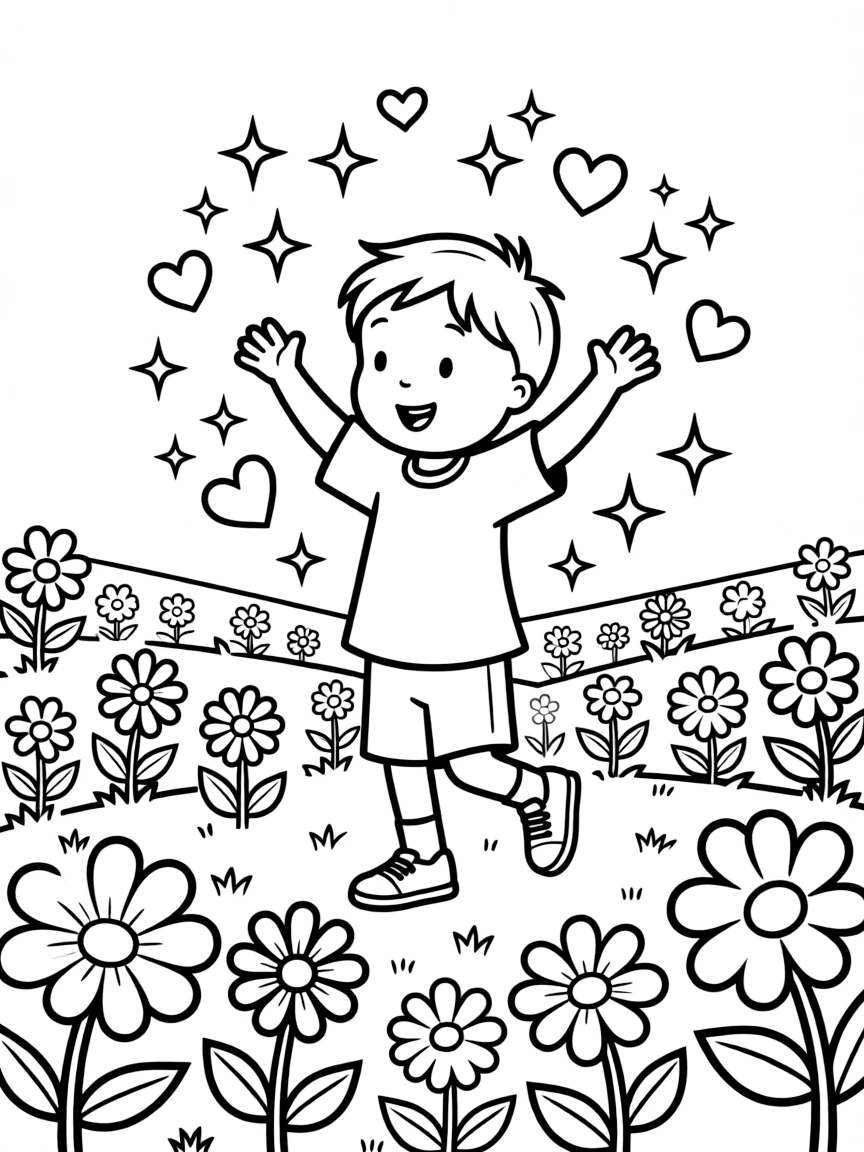 Caillou dancing in a field of flowers, with hearts and sparkles around.