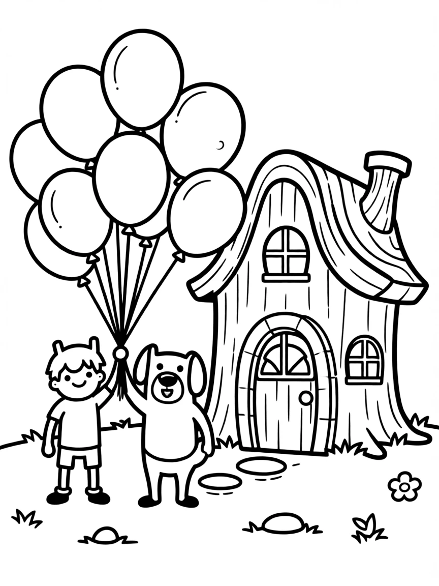 Adventure Time playing with balloons, in front of their famous house or scene.