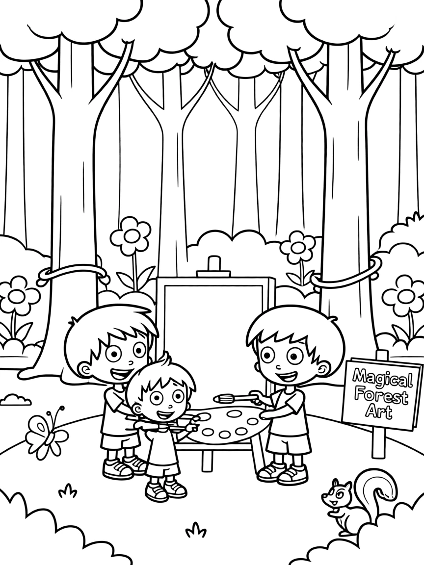 Rugrats painting a picture, in a magical forest setting.